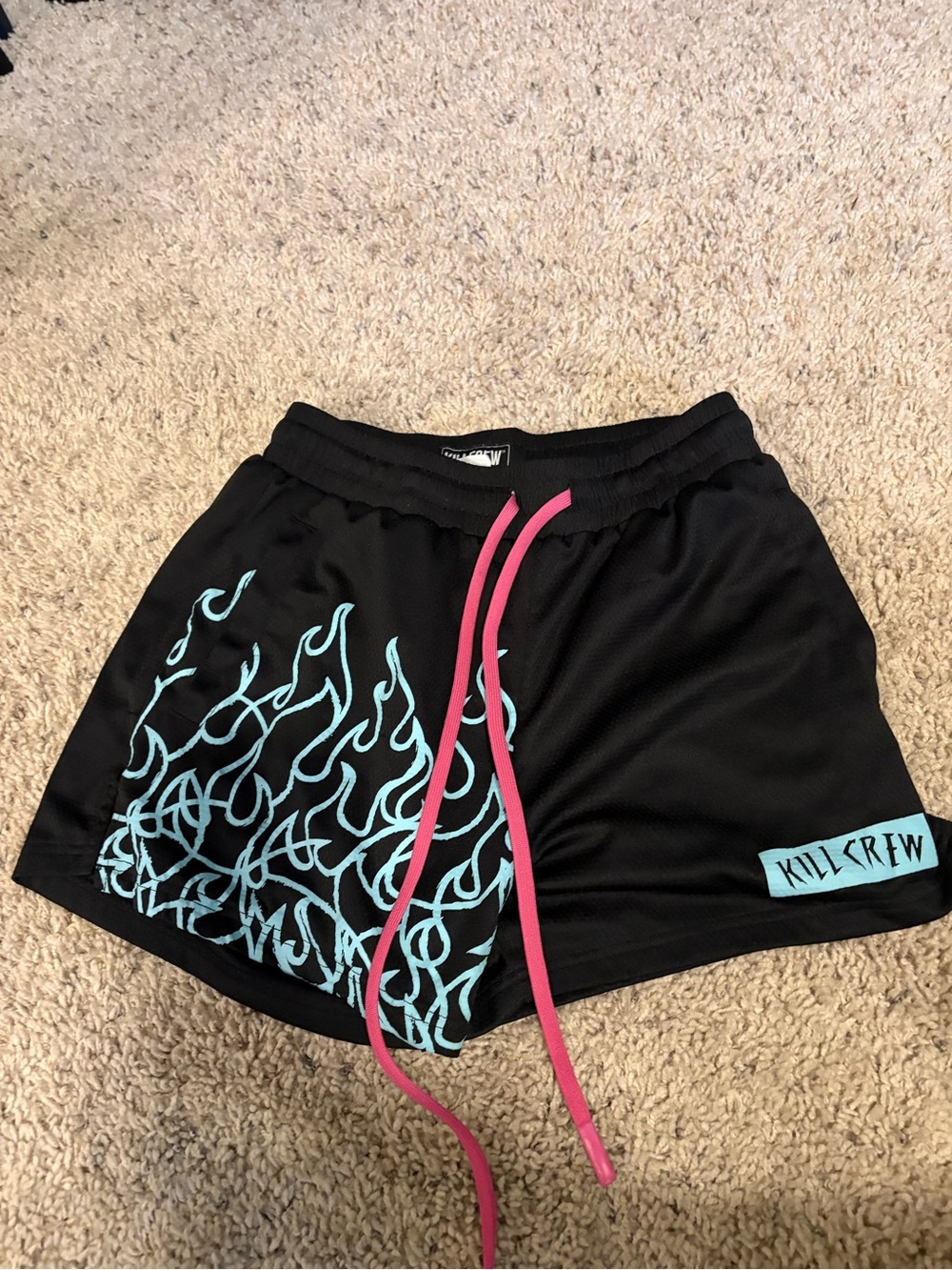 Kill Crew Black Athletic Shorts with Aqua Flame Print and Pink Drawstring